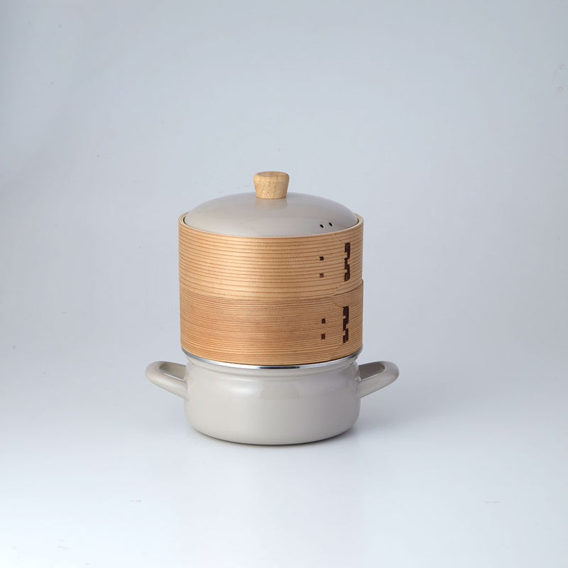 富士ホーロー せいろ付きホーロー鍋 2段 グレージュ