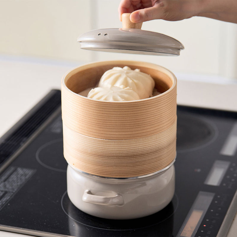 富士ホーロー せいろ付きホーロー鍋 2段 グレージュ